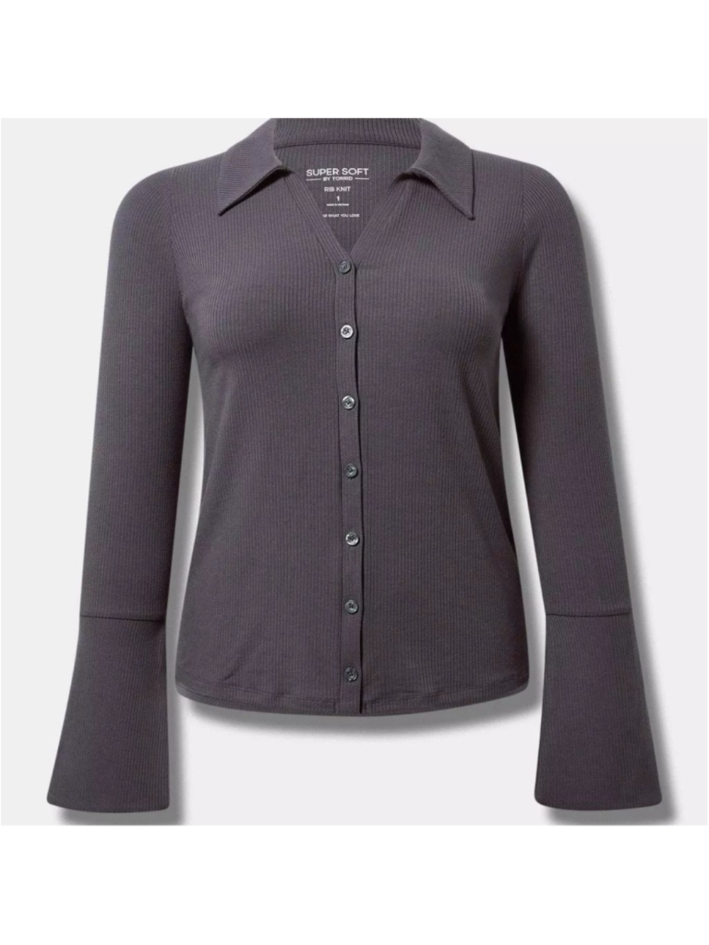 Super Soft Rib Button Front Flared Long Sleeve Top - Picture 2 of 5